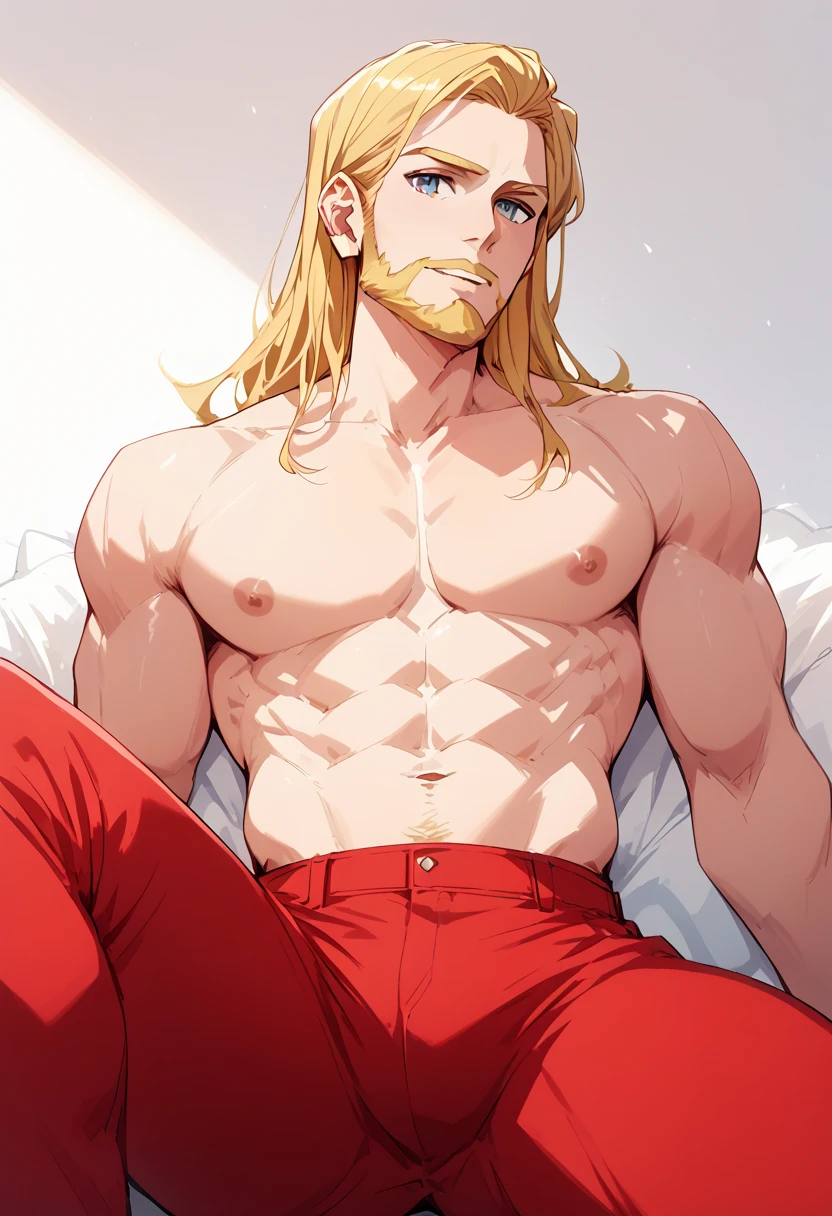 Dozle，Blonde，Golden beard ， macho，Red Pants，Topless