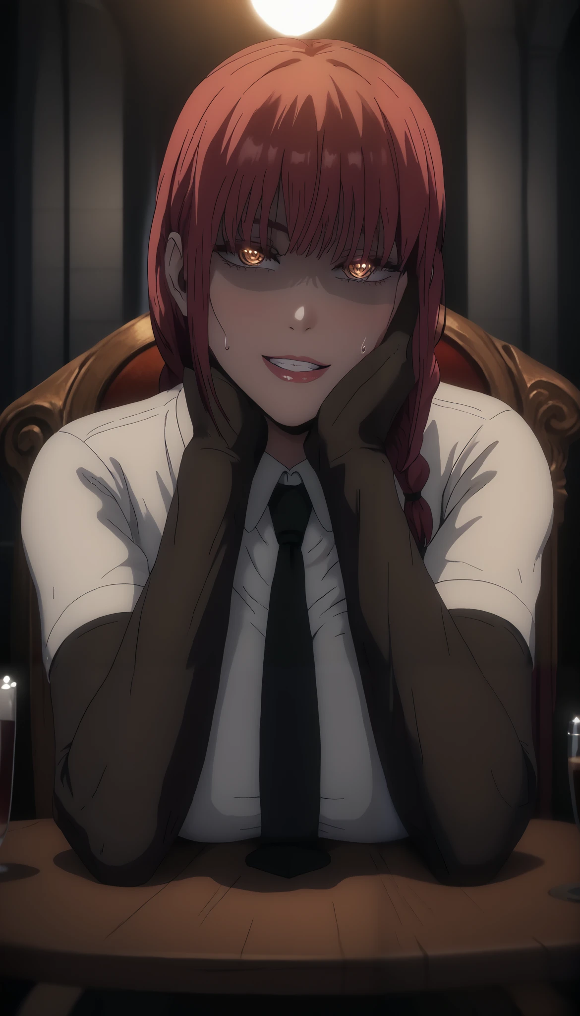 Makima, ringed eyes, light-red hair, braided ponytail, bangs, glowing yellow eyes, sidelocks, long hair, white polo uniform, 1girl, black leggings, sitting on the chair, elegant black chair, solo, bangs, red glowing chains in the background, looking_at_viewer, shadow, smirking, legs crossed, (shaded face:1.2), hollow eyes, ringed eyes, yellow eyes, looking at viewer, heavy breathing, seductive smile, lips, hood, "glow effects, godrays, Hand drawn, render, 8k, octane render, cinema 4d, blender, dark, atmospheric 4k ultra detailed, cinematic, Sharp focus, big depth of field, Masterpiece, colors, 3d octane render, 4k, concept art, trending on artstation, hyperrealistic, Vivid colors, extremely detailed CG unity 8k wallpaper, trending on CGSociety, Intricate, High Detail, dramatic"