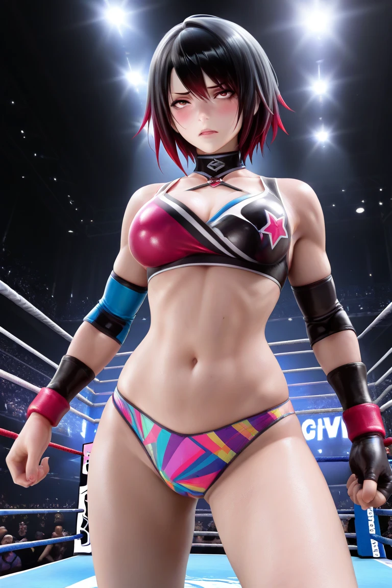 18year old, ((top-quality)), ((​masterpiece)), (high-detail:1.3), (upper body), (((front view))), Beautiful face (cyberpunked:1.3), ((woman wearing karate gi top with karate black belt)), ((choker)), ((sweatbands)), ((thigh highs leather boots)), ((headband)), (((small breasts))), Slim waist, small buttocks, (Japanese beauty), superfine illustration, exaggerated hair, ((long rainbow colored hair with center parting)), (no bra!), ((barechested!), wrestling ring!, ((tribal tattoo:1.3)), ((nipples covered over with a star))), (((cuts and grazes on skin))), ((fighting stance!)), ((fists held in front of body)), ((wounds and scars on face))