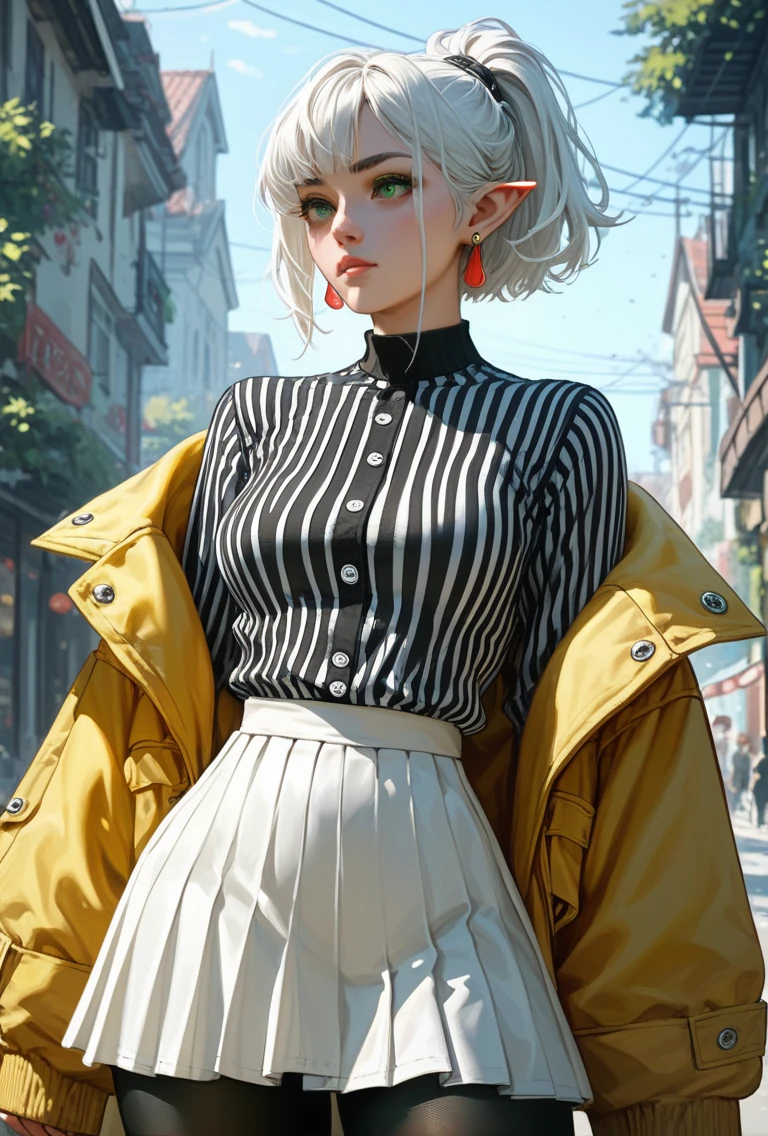 1 ,  short hair,  ponytail on the sides of the head ,  white hair ,  big butt ,  Thick thighs,  wide hips ,  green eyes ,  black pantyhose , white skirt with yellow edges , red earrings,  pointy ears,  white overcoat with yellow details on the edges,  black and white striped shirt