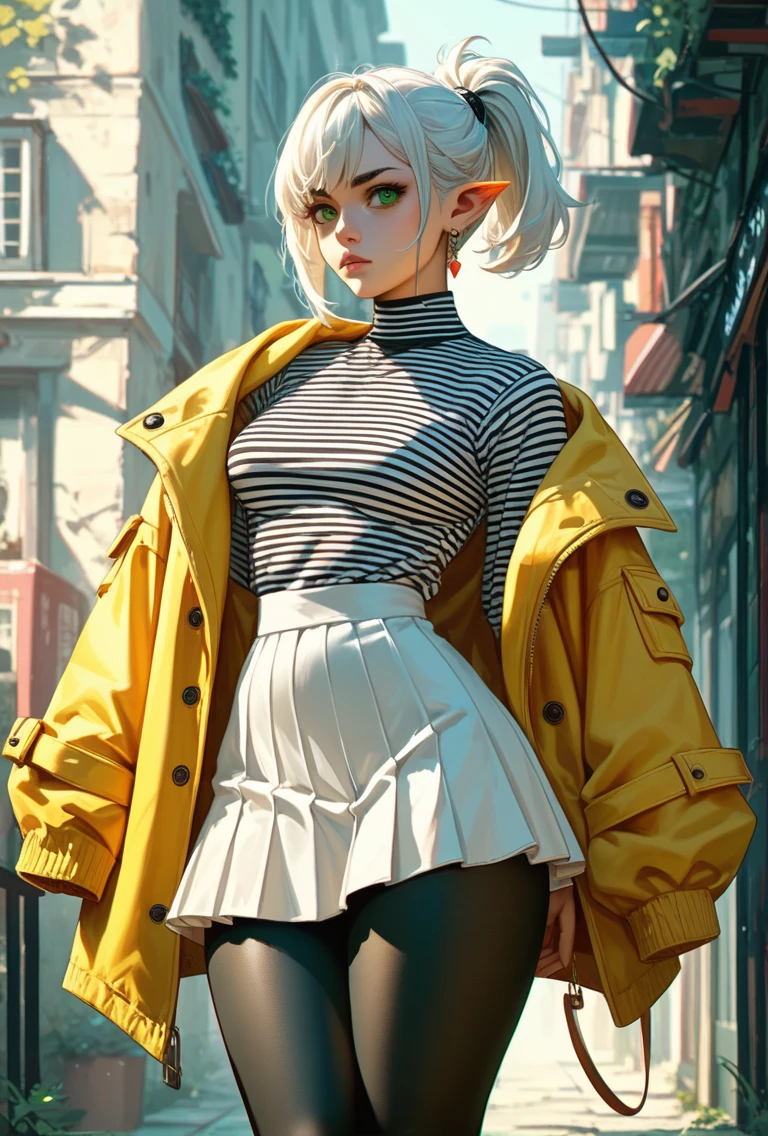 1 ,  short hair,  ponytail on the sides of the head ,  white hair ,  big butt ,  Thick thighs,  wide hips ,  green eyes ,  black pantyhose , white skirt with yellow edges , red earrings,  pointy ears,  white overcoat with yellow details on the edges,  black and white striped shirt