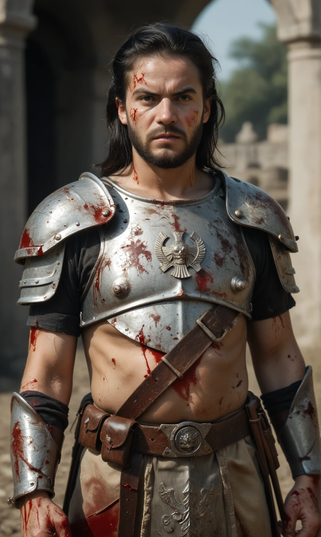 medieval balkan warrior with blood on armor after battle with soldiers around