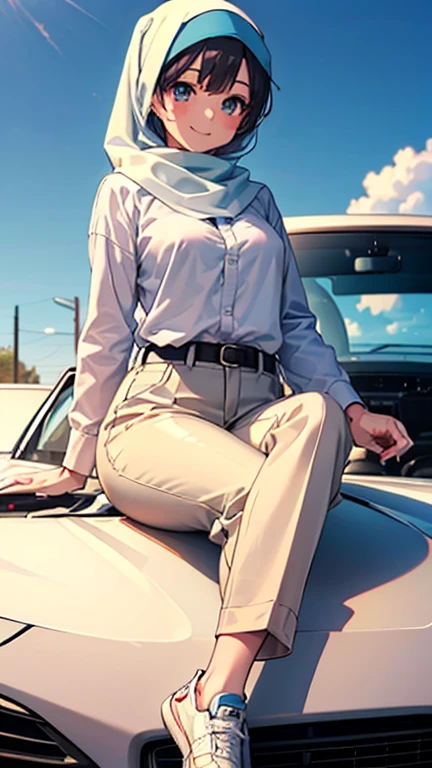 anime style, A beautiful girl wearing a neat hijab and wearing a headscarf, sitting on the hood of a sports car, ideal body shape, wearing a neat hijab, long shirt, trousers, with white sneakers, with a smiling expression, how many in the suburbs crowded, with clear and bright skies in the morning