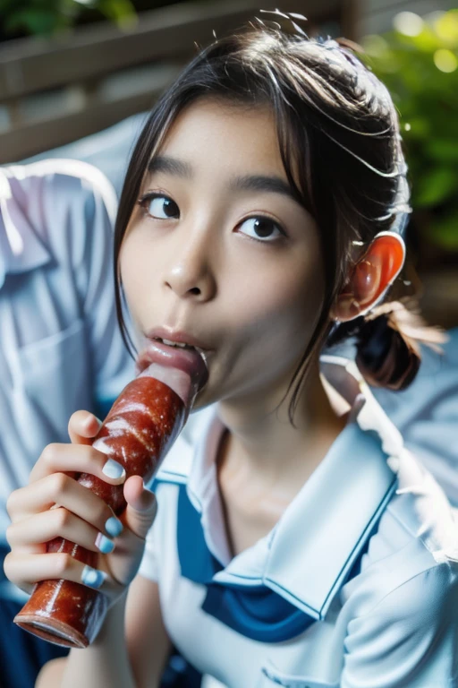 masterpiece, best quality, intricate details, extremely detailed, cinematic lighting, solo, 1girl, a  Japanese schoolgirl, White skin, (oral, blowjob, deepthroat, french bread in hand, shovel a big sausage into mouth, fully open mouth:1.4), (large breasts, ), dark hair, twintail hair, cute face, extremely detailed face, beautiful detailed eyes, sophisticated nose, pale skin, fine-textured skin, sweaty, shiny skin, photo background, at bed, school uniform, school uniform, japan, jav, deep throat, 