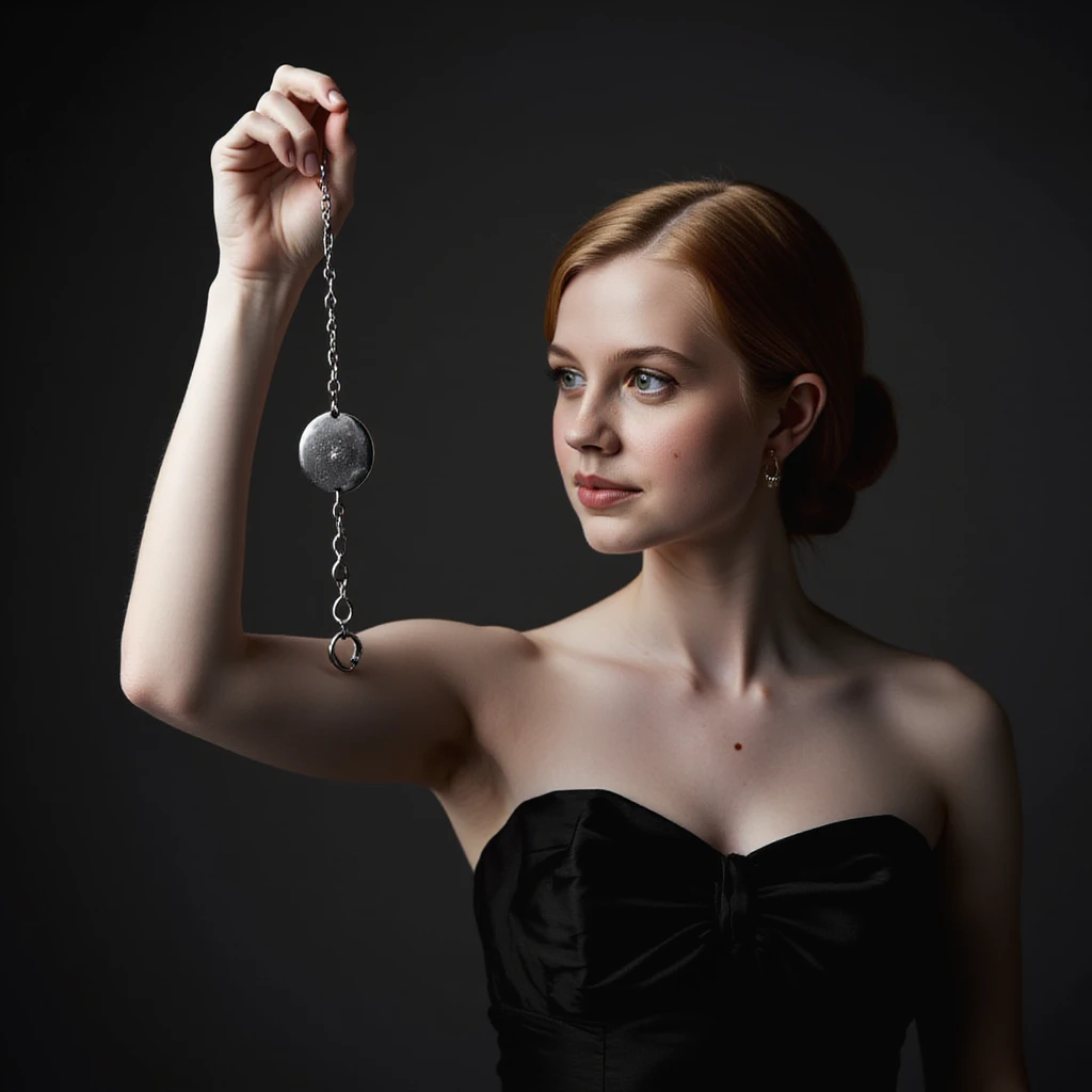 Angourie Rice, in a strapless dress, holding a chained round pendant in one hand like a hypnotiser 