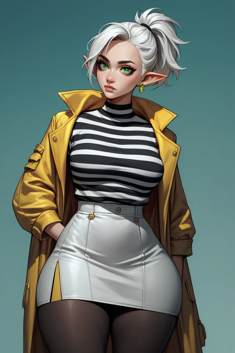 1 ,  short hair,  ponytail on the sides of the head ,  white hair ,  big butt ,  Thick thighs,  wide hips ,  green eyes ,  black pantyhose , white skirt with yellow edges , red earrings,  pointy ears,  white overcoat with yellow details on the edges,  black and white striped shirt