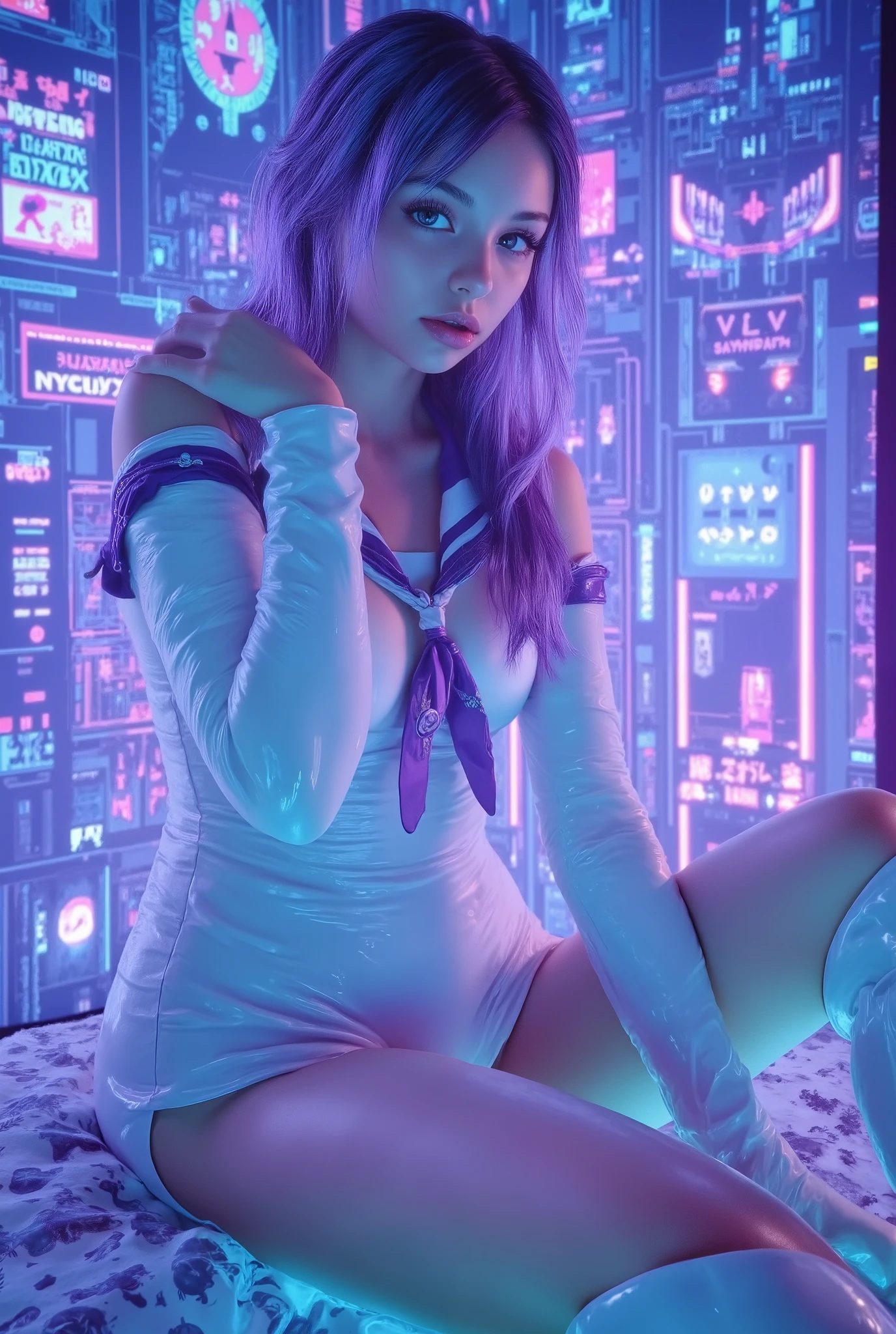 (8k), (highest quality), (best details)space base、Milky Way、purple hair、Purple Eyes、tattoos all over the body、tattoos all over the body、There's a cute French girl、Completely naked、big breasts、unlimited、white skin、Massive black hole、Pussy,soaking wet