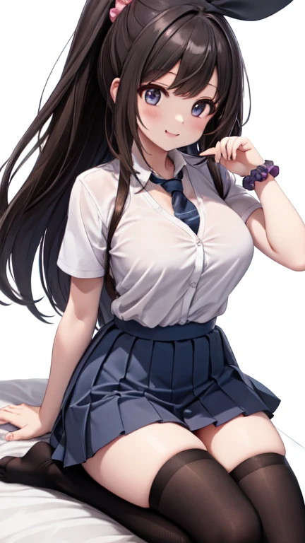 (table top, highest quality, High resolution, , perfect pixel, 4k,), 1 girl, single, alone, Beautiful woman、I could see the whole body、 ((wavy mid hair, bangs, brown hair)), ((brown eyes, beautiful eyelashes, realistic eyes)), ((detailed face, blush:1.2)), ((smooth texture:0.75, realistic texture:0.65, realistic:1.1, Anime CG style)), medium breasts, dynamic angle, perfect body, ((, female teacher, , earrings、necklace、white shirt with collar、Shirts without buttons、Dark blue flared skirt、black knee high stockings、open both legs wide、、shy smile、Sit on the floor、leaning forward)), Upper grade、、、evening、、(You can see the white and red lace panties and bra、、(Bring your chest and arms together、Lift up your skirt and show your panties、The wind blows up my skirt)、angle from below)、