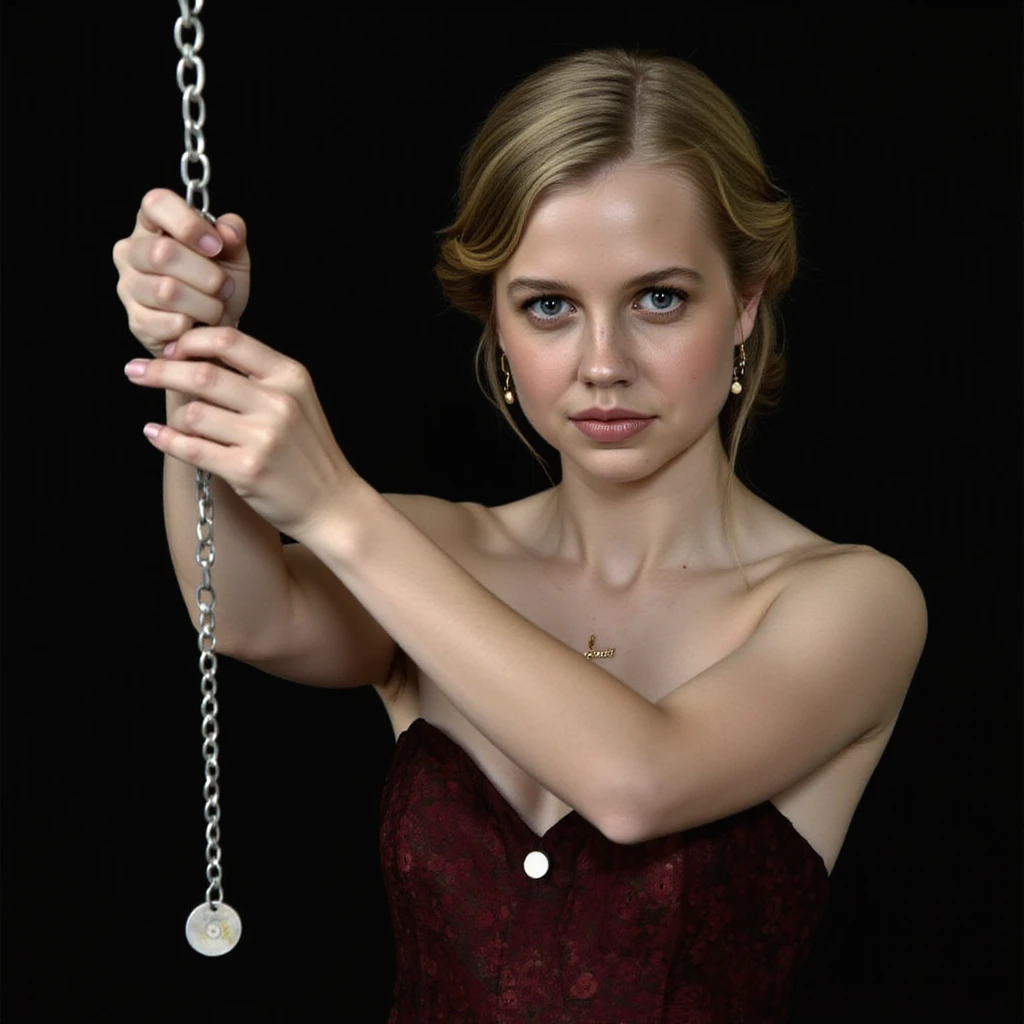 Angourie Rice, in a strapless dress, holding a chain, that has a round pendant below it, in one hand like a hypnotiser 