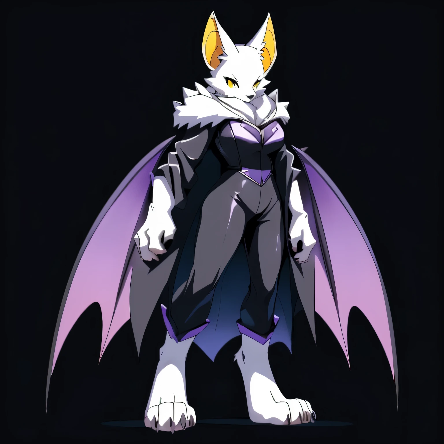 Anime, anime style, ((single person:2)), ((solo drawing:2)), ((solo:2)), ((three-quarter view)), ((Looking to the side)), ((female Anthro bat)), ((Tall figure)), ((buxom figure)), ((white skin)), clawed hands, ((clawed paws)), ((Single Pair of Wings)), ((Huge Bat Wings)), ((Purple Bat Wings:1.2)), white bat ears, ((wearing a black bustier)), ((white face)), ((neutral expression)), vivid yellow eyes, ((digitigrade legs)), ((digitigrade feet)), ((solid black background)), ((blank black background)), highly detailed anime style, clean lines, white face, short white muzzle, white furry cheeks, white furry muzzle, ((wearing black pants)), ((white paws)), ((wearing a full body cloak)) ((Wearing a black cloak))