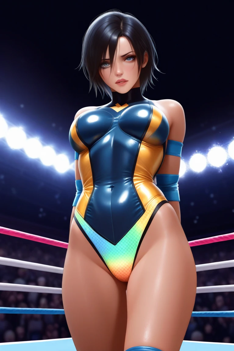 2 women, heroine female pro wrestler vs villainous queen wrestler, Blame the heroine female pro wrestler's crotch,Cross your crotch over the top rope, colorful underwear ,Heroine Abuse,(((masterpiece)))), (( unity 8k wallpaper, photorealistic  , (( detailed face )), ((nsfw)),Professional wrestling venue,Spectators