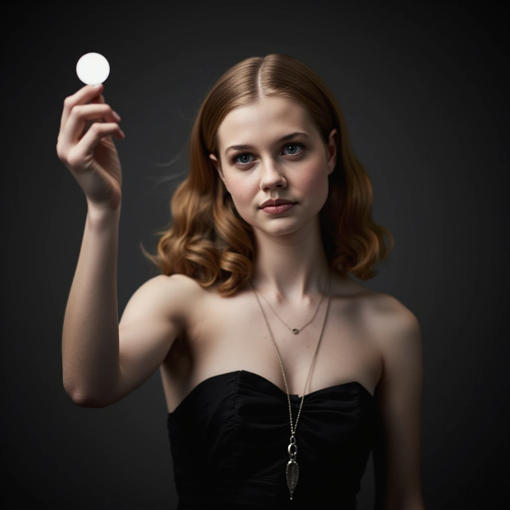 Angourie Rice, in a strapless dress, holding a chained round pendant in one hand like a hypnotiser 