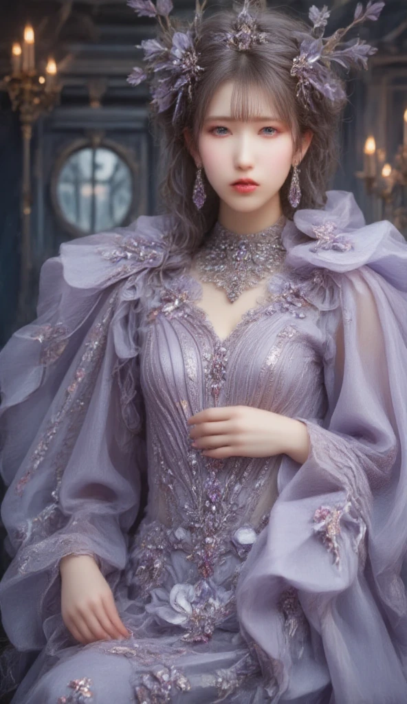 [A beautiful young woman, dressed in elegant, flowing purple and lavender hanfu, stands in a dimly lit room with a serene yet subtly powerful expression. Her long, dark hair is styled in a high bun adorned with an intricate silver and jeweled headpiece, with additional silver ornaments woven into her hair.  She wears matching lavender tassel earrings. Her gaze is directed slightly to the side, giving her an air of gentle contemplation. The hanfu features delicate silver embroidery and a prominent silver bird ornament on her shoulder.  The soft, translucent layers of her clothing create a sense of grace and movement. The background features a traditional Chinese interior with dark wooden lattice windows, a circular window hinting at an outdoor scene, and a warm glow from a trio of lit candles in the background adding to the peaceful atmosphere. Her makeup is subtle and enhances her natural beauty with a touch of blush and soft pink lips.] [Digital painting, highly detailed, anime-style portrait] [Inspired by WLOP, Rossdraws, Artgerm] [Soft, diffused lighting with a focus on the character, creating a dreamy and ethereal mood. Rich, saturated colors with a slight purple tint overall. Smooth textures with realistic rendering of fabrics and hair. Shallow depth of field with a slightly blurred background to emphasize the woman.]
