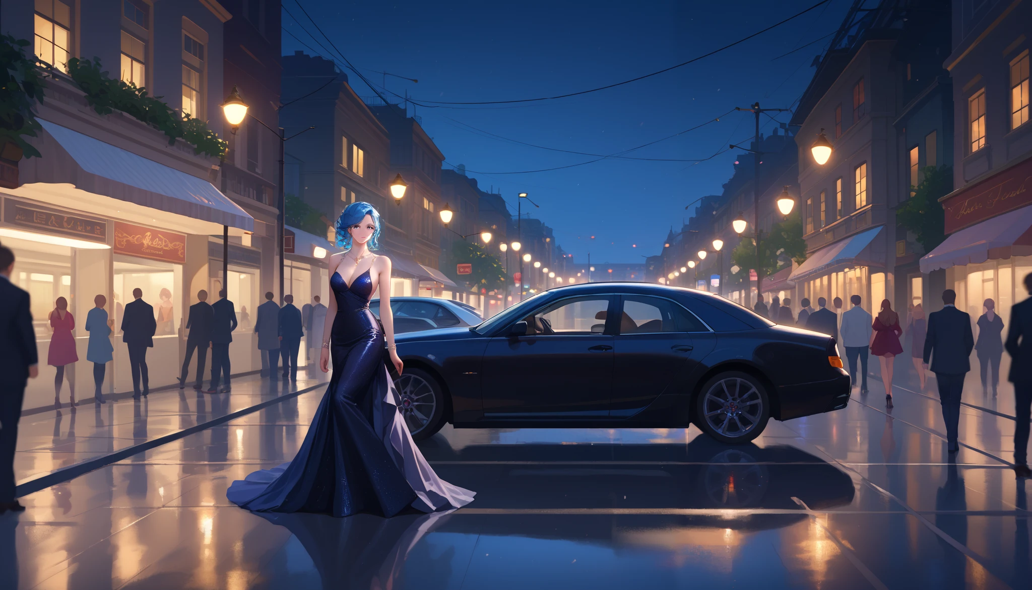 "An anime-style woman with orange eyes and pastel blue hair sits inside a luxurious black car with leather interiors. She wears an all-black evening gown, her serene expression highlighted by soft moonlight streaming through the panoramic roof. Outside, the quiet city streets shimmer with reflections of streetlights on freshly fallen snow. The scene is crafted with high-detail textures, elegant lighting, and a rich, cinematic ambiance."