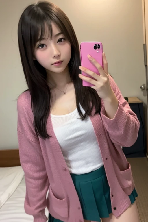 Portrait of a cute 14-year-old Japanese girl operating a smartphone in her room