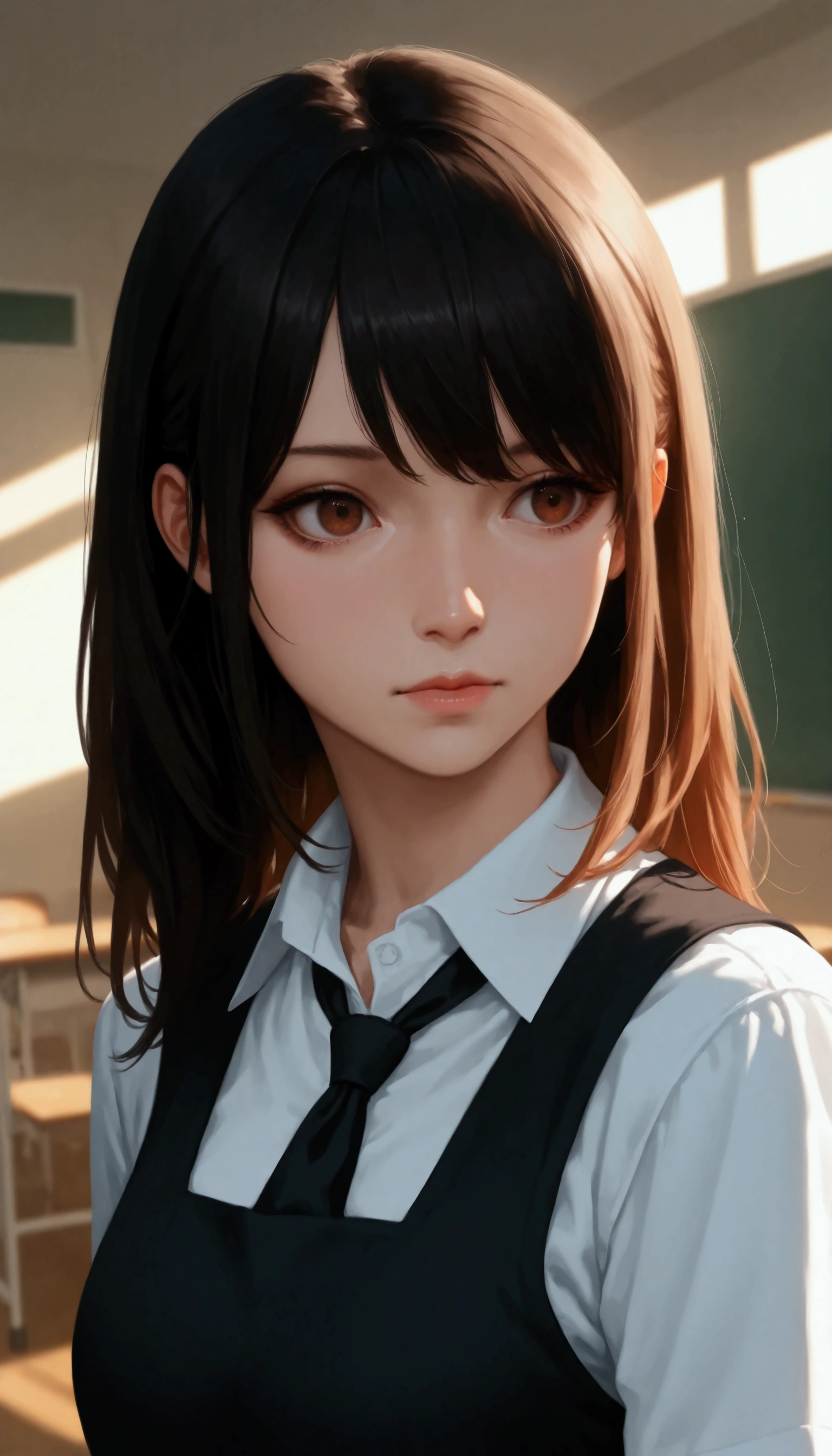 1 girl, portrait photo:re4ashley, highly athletic, Black School Uniform Outfit , white shirt, attacked the classroom, Volumetric Lighting, best quality , Artwork, Complex Details , Tone Mapping , sharp concentration, Hyper Details, Artstation trend , realistic,