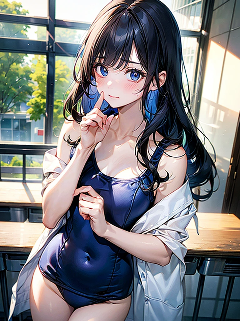 ((2D Beautiful Girl、top-quality、perfect finger 14、perfect anatomy 1.4、Very delicate and beautiful illustration))、kawaii girl、(Transformation Sequence)、((swim wears))、14years 、a junior high school student、Fractal art、a baby face、((Straight Long Hair))、Fine and beautiful eyes、The best smile that shows your teeth、Full body display、blue-sky、‎Classroom、Cute headband、Changing from school uniform to swimsuit、