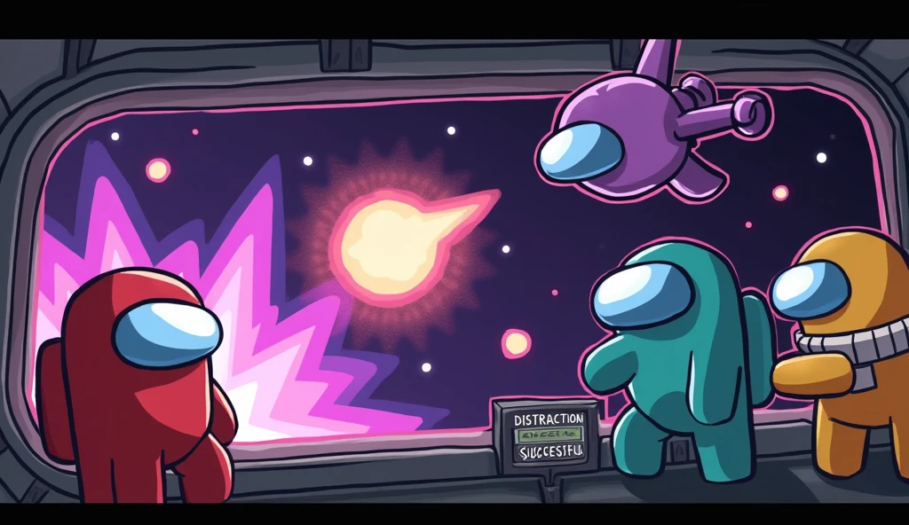 Setting: Purple’s drone ejects a decoy beacon, drawing the alien’s attention away from the pod. The entity unleashes its energy blast, destroying the beacon and sending shockwaves through space.
Characters:
Red Crewmate: A classic Among Us character, steering the pod away from the explosion.
Cyan Crewmate: A classic Among Us character, holding onto the wall, his visor tilted askew.
Yellow Crewmate: A classic Among Us character, gripping his digital panel, which now says: “DISTRACTION SUCCESSFUL.”
Purple Crewmate: A classic Among Us character, watching intently as her drone returns to the pod.