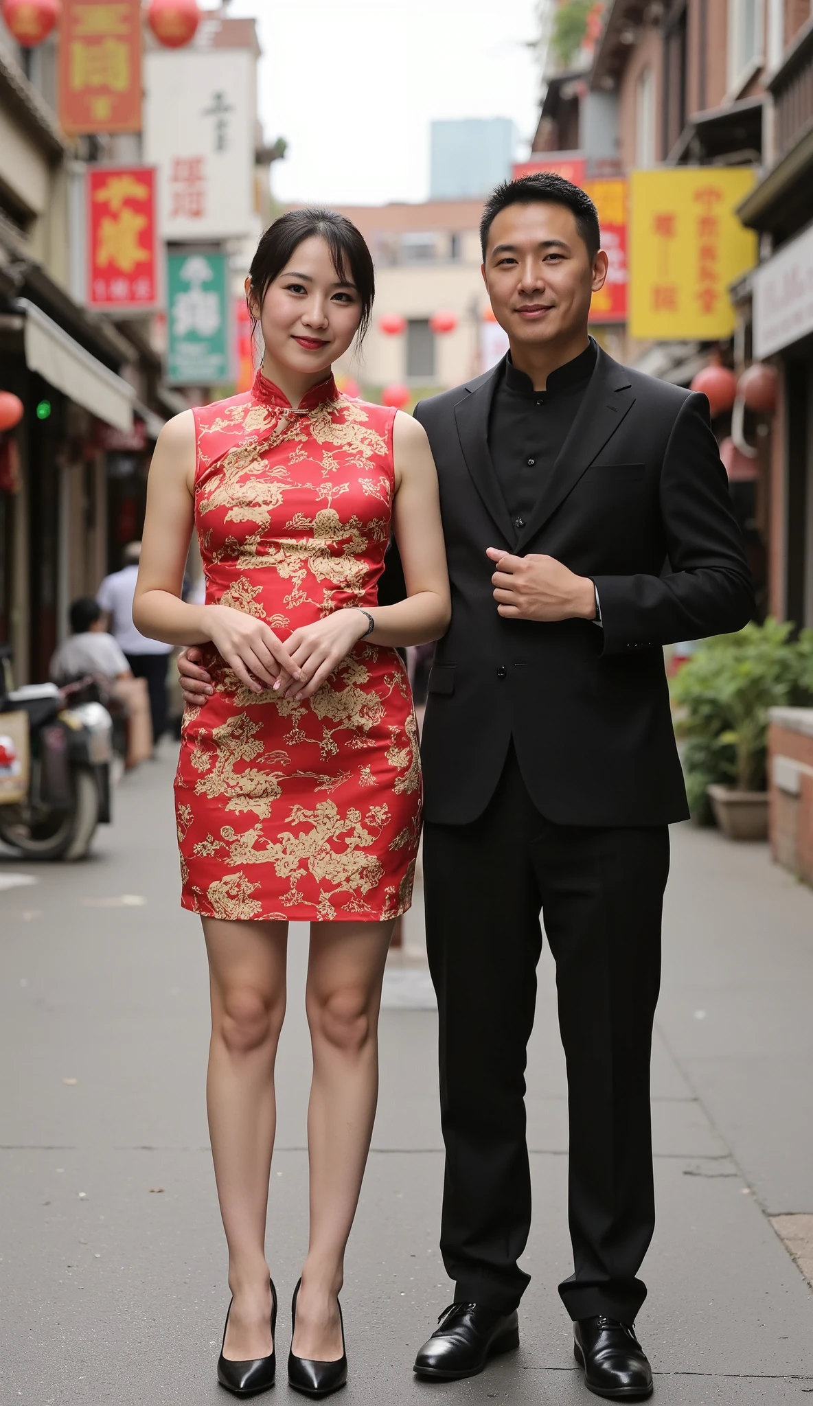 Photpgraphy, 4k, detailed, facing forward, half medium shot. A chinese man, confident, wearing elegant black suit. Hugging and standing with a plump chinese woman 50 year old, hair tied back, wearing red cheongsam chinese dress with dragon motif, tight short but elegant, half medium shot, china town background, body facing front, lower angle view