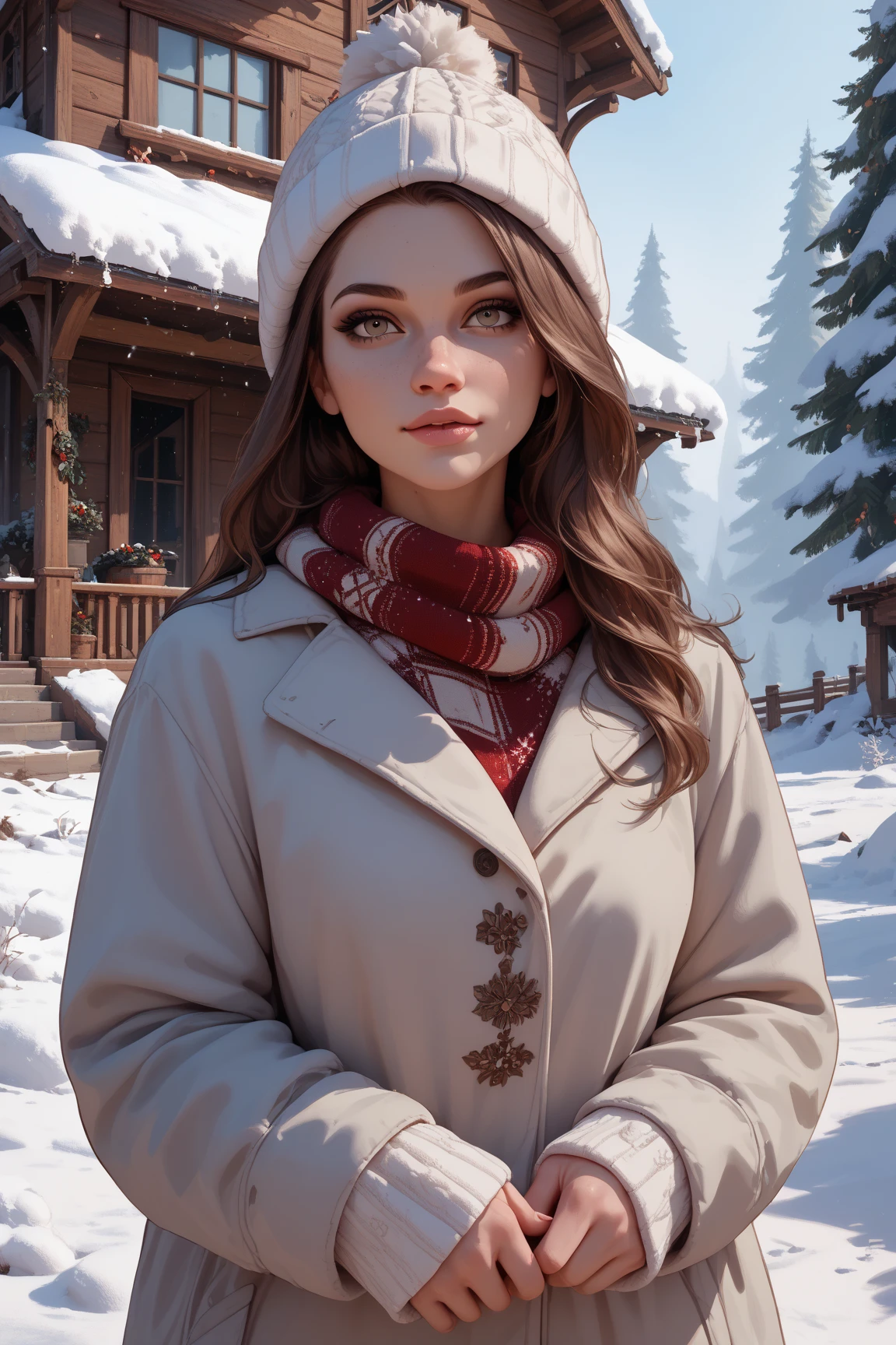 Winter wooden architecture、snow、Beauty、 brown hair、 long hair、Snowwear、Cold protection、Wear warm clothes、The viewer's skill、 smiles