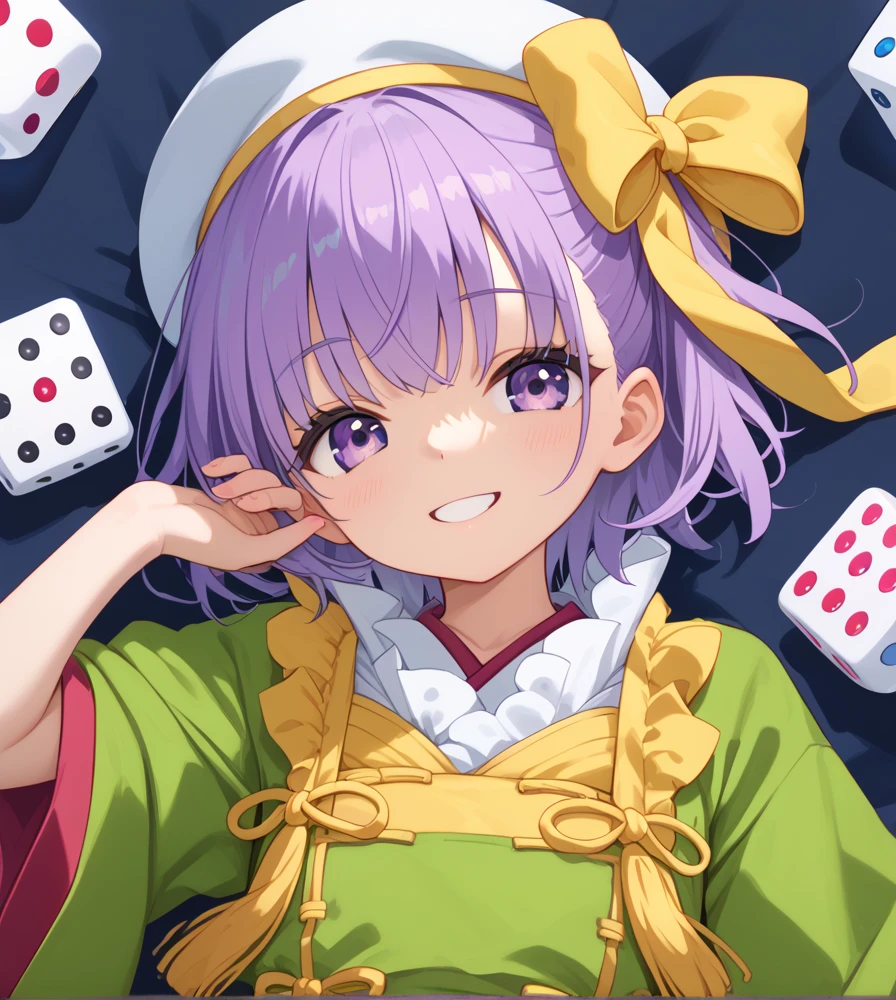 ((masterpiece,best quality:1.2)),Kazuradrop,(((Dice:1.3))),White beret with blue lines:1.2,big smile when,purple hair,purple eyes,short hair,single sidelock,yellow ribbon,green japanese clothes,frills,wide sleeves,long sleeves,light blue shorts