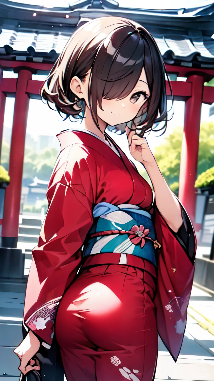 (((New Year's Temples and Shrines 、A girl going on a first visit、Girl wearing a peony pattern furuncle 、 a very gorgeous brightly colored long-sleeved kimono:1.5、 girl drawing an omikuji、Teasing Smile)))、( brown hair short cut、 Beautiful Brown Hair 、(hair over one eye:1.5、Diagonal bangs:1.5)、Keep your head small、 perfect face、 Shiny Skin、 clear brown eyes 、 has small breasts、The butt is small)、((( watercolor)))、  best quality 、masterpiece、  ultra high definition、 8k、 show anime style  、 Softline Art 、Digital Enhancement、 shojo anime touch, shojo manga core,  flowing fabric 、Soft Drawing、  ultra-fine digital animation art 、 Clear facial depiction、 super detailed girl cartoon character art 、 Ultra-detailed manga style、  best quality の色