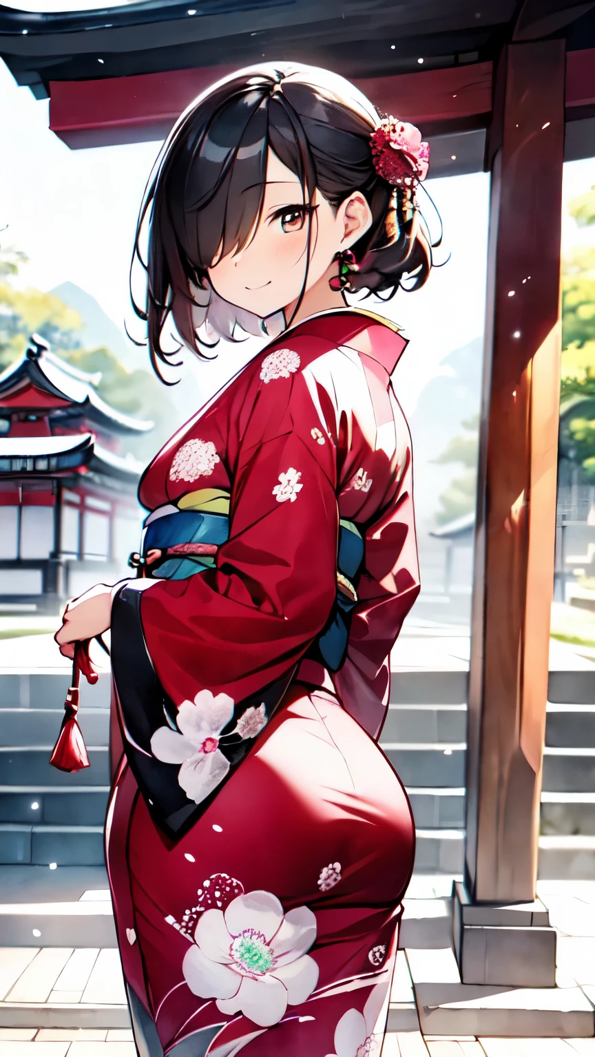 (((New Year's Temples and Shrines 、A girl going on a first visit、Girl wearing a peony pattern furuncle 、 a very gorgeous brightly colored long-sleeved kimono:1.5、 girl drawing an omikuji、Teasing Smile)))、( brown hair short cut、 Beautiful Brown Hair 、(hair over one eye:1.5、Diagonal bangs:1.5)、Keep your head small、 perfect face、 Shiny Skin、 clear brown eyes 、 has small breasts、The butt is small)、((( watercolor)))、  best quality 、masterpiece、  ultra high definition、 8k、 show anime style  、 Softline Art 、Digital Enhancement、 shojo anime touch, shojo manga core,  flowing fabric 、Soft Drawing、  ultra-fine digital animation art 、 Clear facial depiction、 super detailed girl cartoon character art 、 Ultra-detailed manga style、  best quality の色