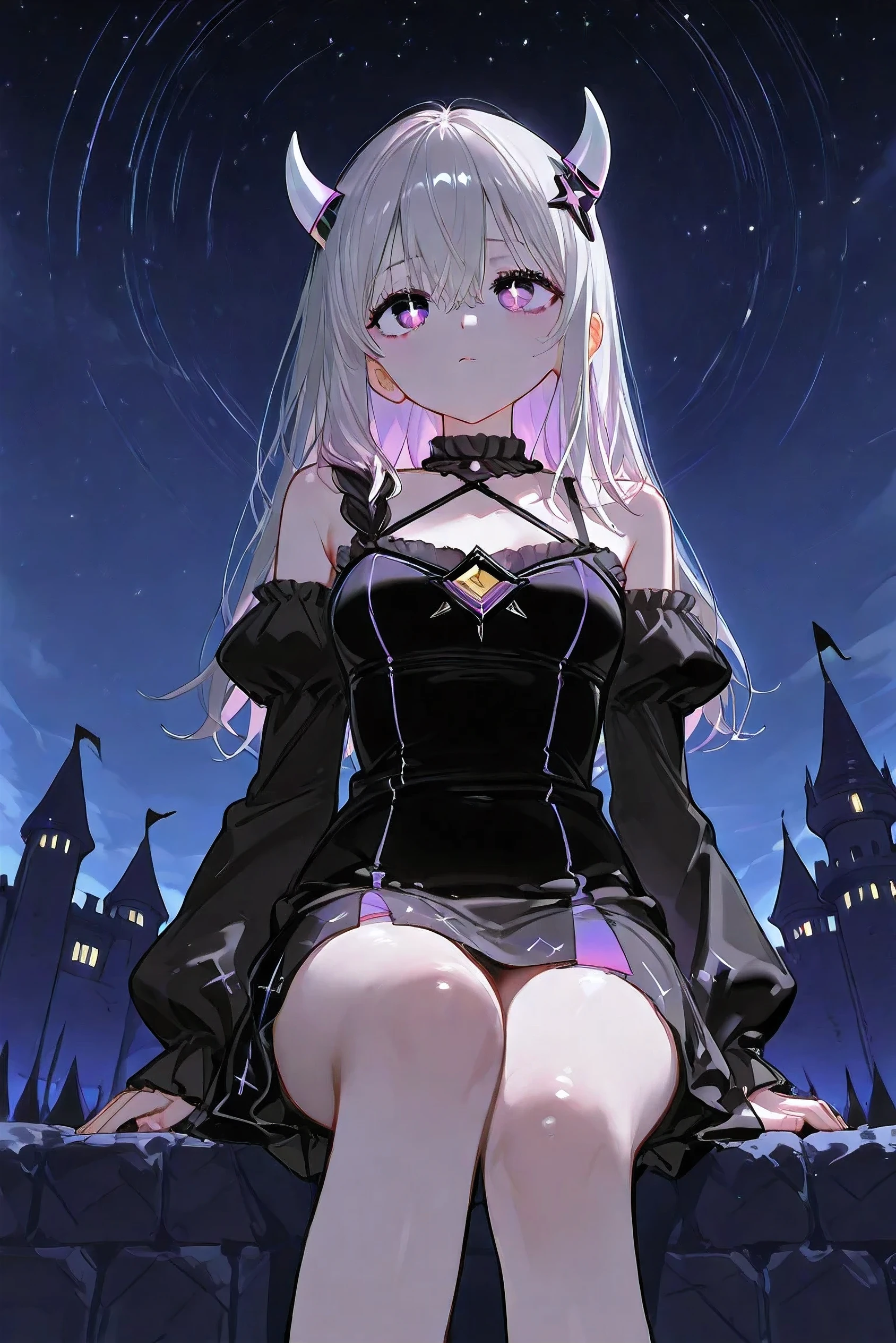 demon girl with small black and white horns with dark cosmic dress sitting on castle wall watching night sky, beautifull eyes with pentagrams