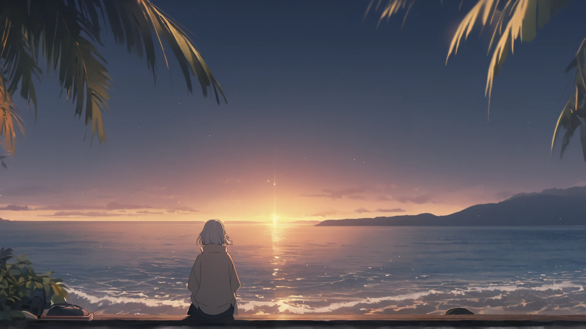  Studio Ghibli Style HMC, Sitting on a shelf at dusk   ( Soft , Golden Light), (Shining reflections on the water),  anime style， ocean ， ocean のビーチ， coconut tree、Back view of a woman sitting lonely watching the ocean (Disheveled silver hair:1.1)　Tears running down my cheeks　Surrounded by beautiful sandy beaches and the sea　Insert the letters 『lonely love』 for poster music　 fashionable　