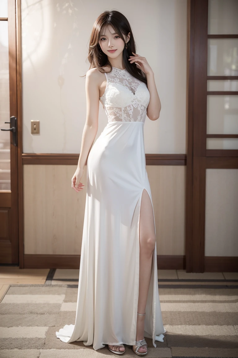 Beautiful exquisite eyes, ssee-through, 鎖骨, Full body like, cparted lips, long whitr hair,with a good figure,long leges,The room is dimly lit,underdressing