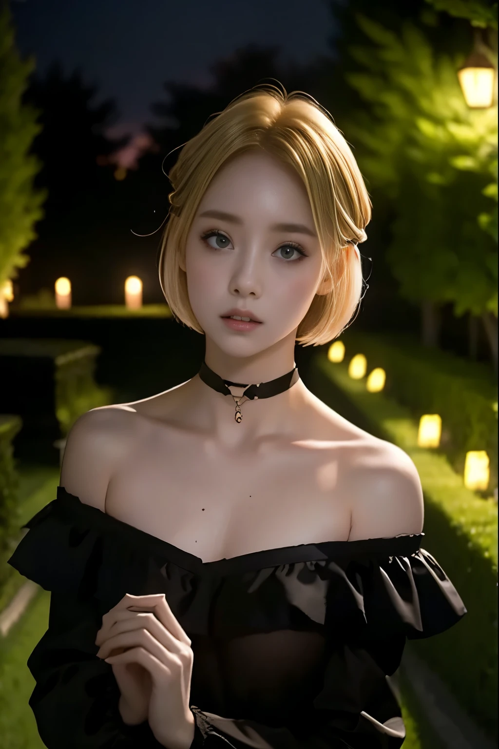  blondes、 Ultra short hair、 light makeup、 Black 、   long sleeve black choker with exposed shoulders  、15-year-old girl、 Late Night、cemetery、  restless expression 、