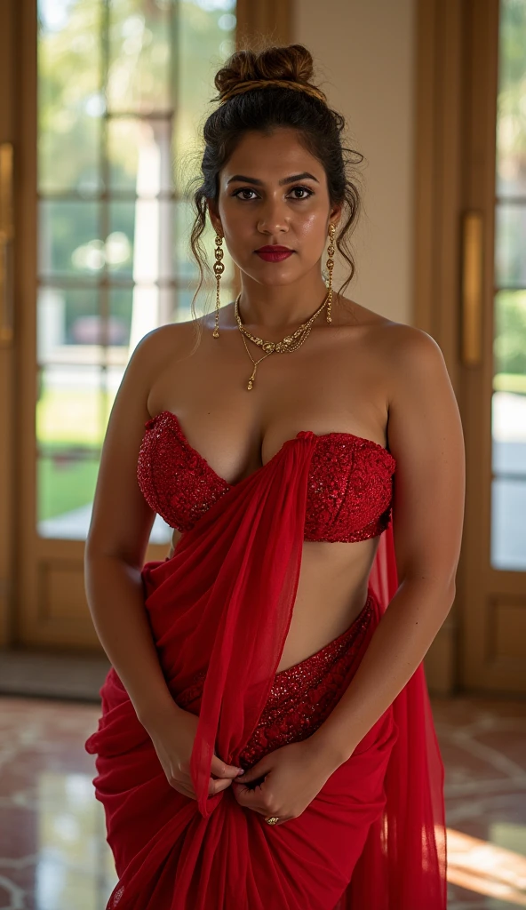 arafed big curvy woman in a glittering red embroidery strapless saree with Navel exposed,showing cleavage,standing frontal facing showing front part looking straight to camera,Natasha nice, Angela white,voluptuous and arousing,milky white skin shiny body,messy wavy hair with top bunstyle brown mix with blonde hair, voluptuous, beautiful thick ass female, lush vista,lacey, bbwchan,big , both hands in the air sexually ,seductively looking , satin, curvaceous,sensual poses,ultra realistic high quality photoshoot,half front and half sideways posing isometric 3D close up body shot showing cleavage ,in a well lighted glass mansion room background professional photoshoot