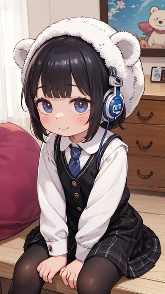 cute anime ite girl with short-bowlcut black-hair, wearing bear-ears-shaped-(knit-cap) and shiny black pantyhose and gray-shirt and tie and vest and Gingham-patterned skirt, 
earphone, smart phone, earphone cord connected to smart phone, listen to music, smile,
masterpiece,best quality,ultra detailed, very aesthetic, 
