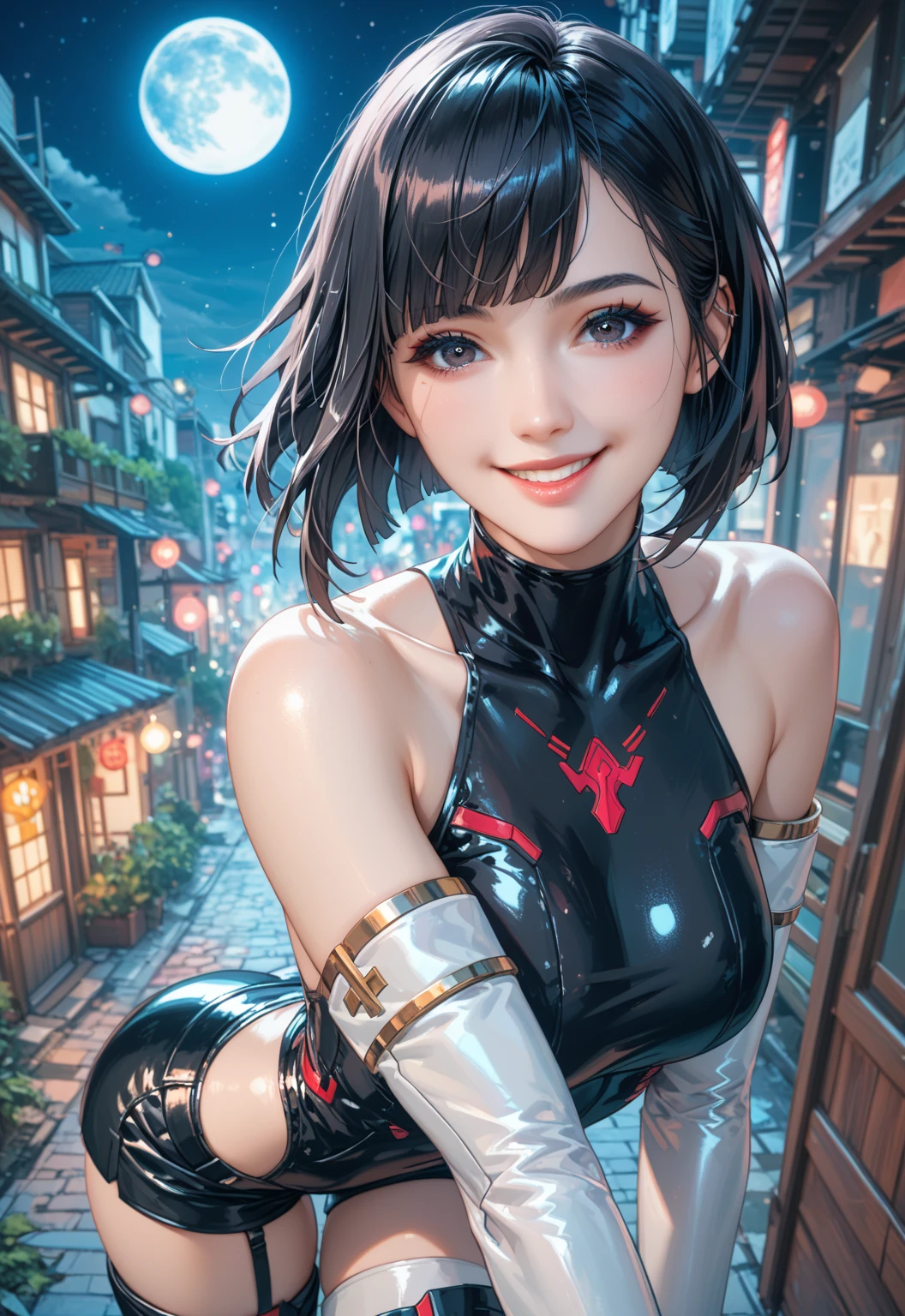   best image quality 、 Masterpiece、  Ultra-high definition、（Shooting Resolution  ：1.4）、  Ultra-high definitionシネマ、   angle seen from above  、   Cyberpunk Night Town  、  upper body、   girl  、  short bob cut hair with black hair 、black SHORTS  、 smile、1 person、  dark eyes、  metallic pink high neck leotard、   silver opera gloves  、（（ black tights））、  silver thigh high boots 、 big full moon 