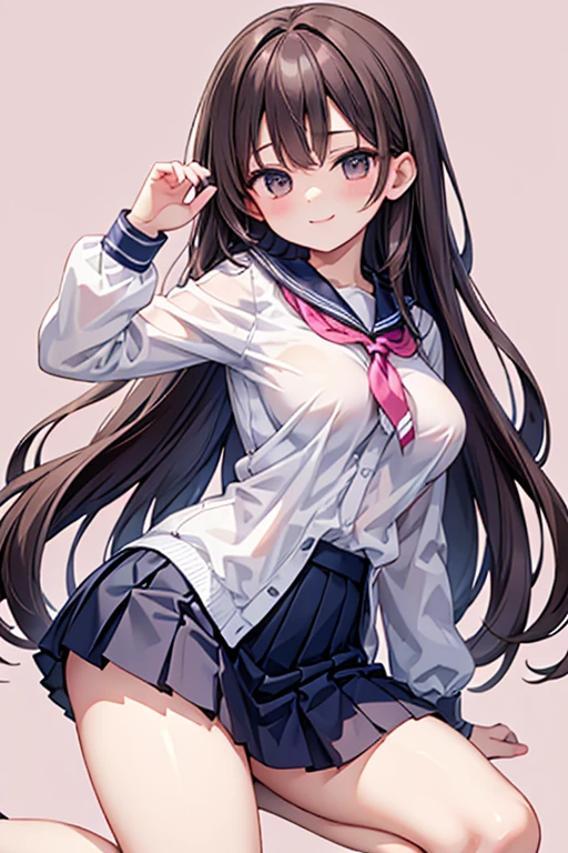 1woman,dark brown hair,Long wavy hair、uma mulher de 20 anos、((Impatient expression)),Beautiful Medium Large、white  shirt,navy blue pleated mini skirt,well styled,,(facing the front)(((blush cheeks、embarrassed expression)),(((The skirt is rolled up by the wind)))、(pink lace panties)、((facing backwards))、((Visible buttocks))