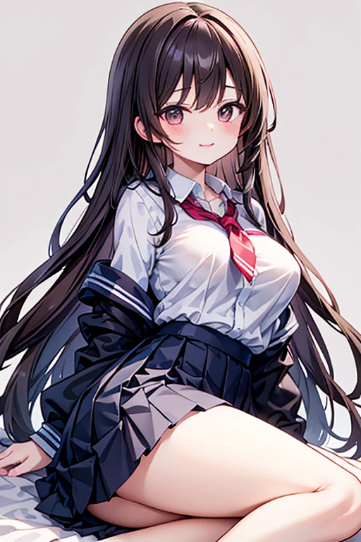 (8k、Best image quality、Highest quality、masterpiece)、One tall girl、((whole body))、Sit on the floor with your legs spread、White panties are visible、Long Hair、Wavy Hair、blush、Large Breasts、White collared shirt、Short sleeve、((Checkered pleated mini skirt))、Classroom Background、((black tights))、Black Pantyhose、((No shoes))、Black Hair