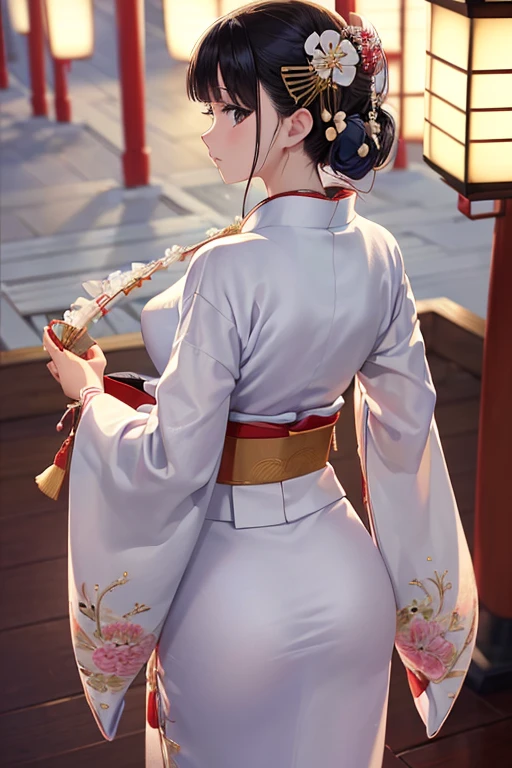 (concept art)),(masterpiece:1.2),(best quality:1.2),(masterpiece, best quality, ultra-high resolution), (1girl), Shiny black hair in high bun with wooden comb, dark brown almond-shaped eyes, fair skin with natural blush, white cotton yukata with pink and green cherry blossoms, pale pink obi tied in the back, serene and gentle.