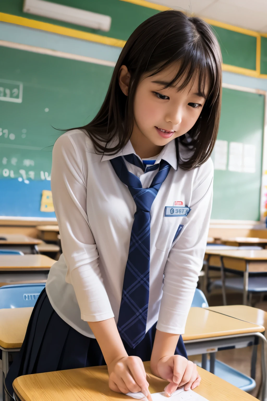 ((Light brown hair)), ((Gal)), ((Breast enlargement)), (masterpiece, Highest quality:1.2), 8K, Young and beautiful girl, 85mm,Official AR RAW Photos, (Baby Face), ((Small face)), (((Super big breasts))),  Detailed nipples, Show me your ears、photo shoot, Cute face, Thighs, Classroom after school, Looking at the audience, (M-shaped legs), Embarrassing、smile、Natural Makeup, Film Grain, chromatic aberration, Sharp focus, Face Light, Bright lighting, 10 generations, Detailed face, Background blur、((((((14 year old high school girl))))))、Narrow waist, ((Schoolgirl uniform, Checkered pleated mini skirt)), (White tiny panties), sit with your legs open, Sexy pose, Seductive look