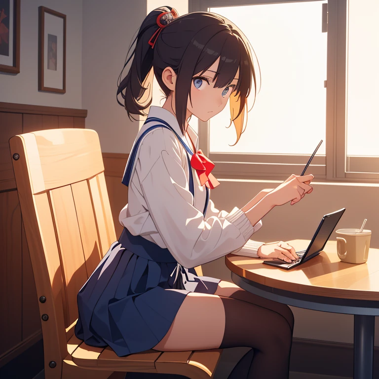 hyper detail,High resolution,hyper detail,best quality,,highest quality,cinematic lighting,静かなclassroom,1 girl studying、Seen by classmates around you,turn off your mobile phone、look down to study,classroom,sit on a chair