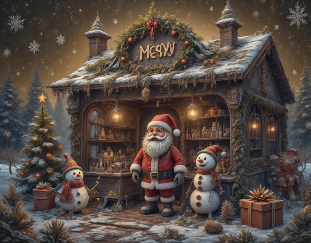 with "Merry Christmas",top view,surreal scene,Christmas,3D cartoon style,digital illustration of a rural,Christmas store,clear glass. Above it says:a huge logo surrounded by Snow. The sky is gold with snowflakes floating above the store,there is a cute Santa Claus in front of the store,elves and snowmen on the stage,and the poster has a dark gold background. There is a small gift box next to it,,3d,oc rendering,c4d,Christmas-scenery,ice-scenery,ice sculpture,ice style,made of ice,transparent,Made with clear candy