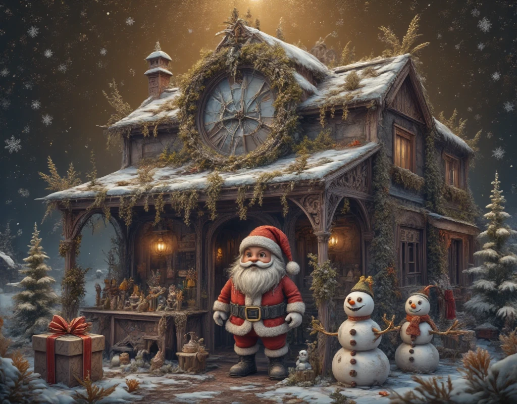 with "Merry Christmas",top view,surreal scene,Christmas,3D cartoon style,digital illustration of a rural,Christmas store,clear glass. Above it says:a huge logo surrounded by Snow. The sky is gold with snowflakes floating above the store,there is a cute Santa Claus in front of the store,elves and snowmen on the stage,and the poster has a dark gold background. There is a small gift box next to it,,3d,oc rendering,c4d,Christmas-scenery,ice-scenery,ice sculpture,ice style,made of ice,transparent,Made with clear candy