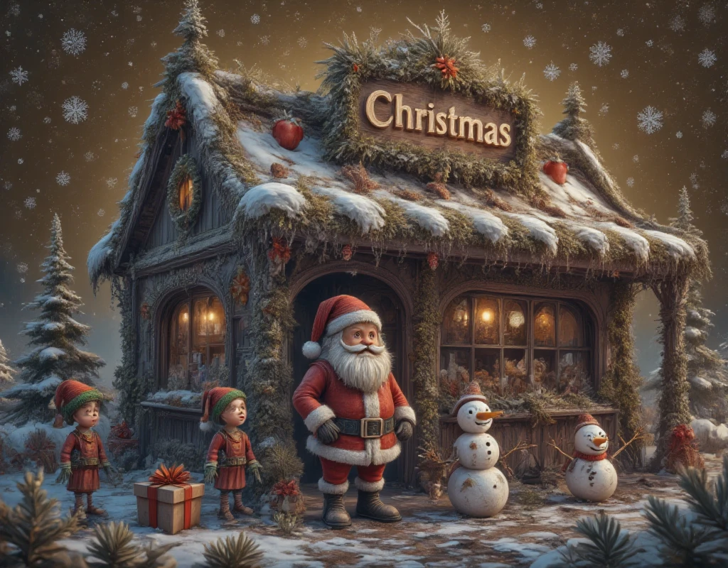 with "Merry Christmas",top view,surreal scene,Christmas,3D cartoon style,digital illustration of a rural,Christmas store,clear glass. Above it says:a huge logo surrounded by Snow. The sky is gold with snowflakes floating above the store,there is a cute Santa Claus in front of the store,elves and snowmen on the stage,and the poster has a dark gold background. There is a small gift box next to it,,3d,oc rendering,c4d,Christmas-scenery,ice-scenery,ice sculpture,ice style,made of ice,transparent,Made with clear candy