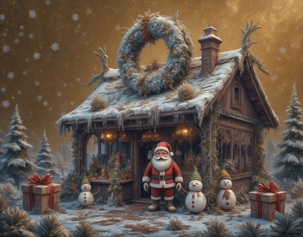 with "Merry Christmas",top view,surreal scene,Christmas,3D cartoon style,digital illustration of a rural,Christmas store,clear glass. Above it says:a huge logo surrounded by Snow. The sky is gold with snowflakes floating above the store,there is a cute Santa Claus in front of the store,elves and snowmen on the stage,and the poster has a dark gold background. There is a small gift box next to it,,3d,oc rendering,c4d,Christmas-scenery,ice-scenery,ice sculpture,ice style,made of ice,transparent,Made with clear candy