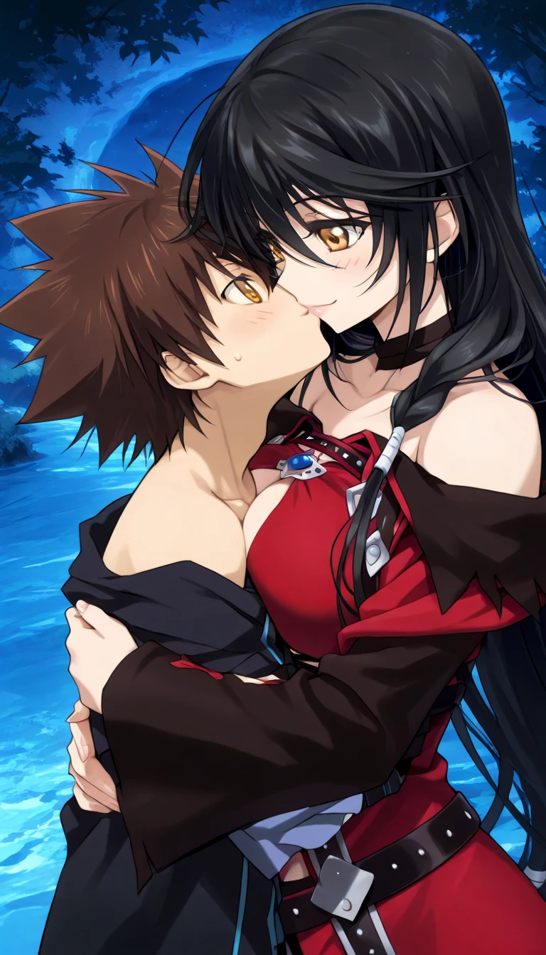 masterpiece,top-quality,source_anime,best quality, clear face,Velvet Crowe,tales of verseria,1girl,solo,black hair,very long hair,gold eyes,very large breasts, perfect body,beauty,very huge breasts,narrow waist,bust size is 250cm over,sexy,seductive anime girl,One Shota,Tsunayoshi Sawada,tsuna_hyper,A boy with very messy brown hair,she has black hair,she has black hair,she has black hair,she has black hair,she has gold eyes,he has very messy brown hair,he has very messy brown hair,he has very messy brown hair,she has gold eyes,she has gold eyes,he has orange eyes,he has orange eyes,he has orange eyes,night Forest and spring,she is smiling seductively,Boy and woman are kissing,Boy and woman are hugging