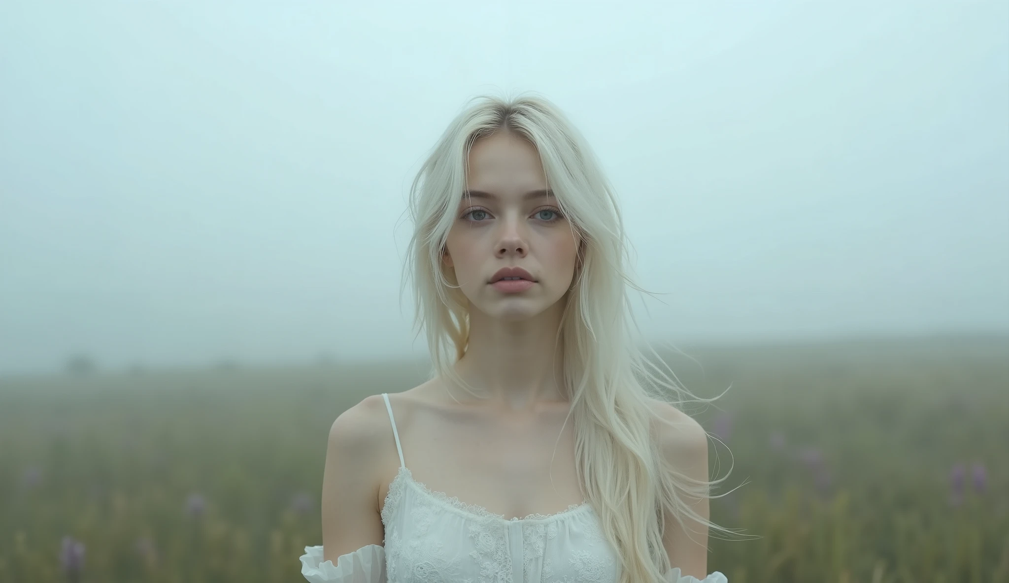 (masterpiece,  best image quality , 8k),  real photo , perfection of fashion, full body, frontal, faint smile,Outdoor, Exquisitely Painted , Realistic,  ultra high definition , ultra high definition ,  smooth skin ,  highly detailed , High quality,  high quality,  high resolution, out of focus background,female, standing alone in a misty field,Wandering through the clouds,18-year-old Ukrainian beauty , platinum blond hair wandering through the clouds ,It's foggy