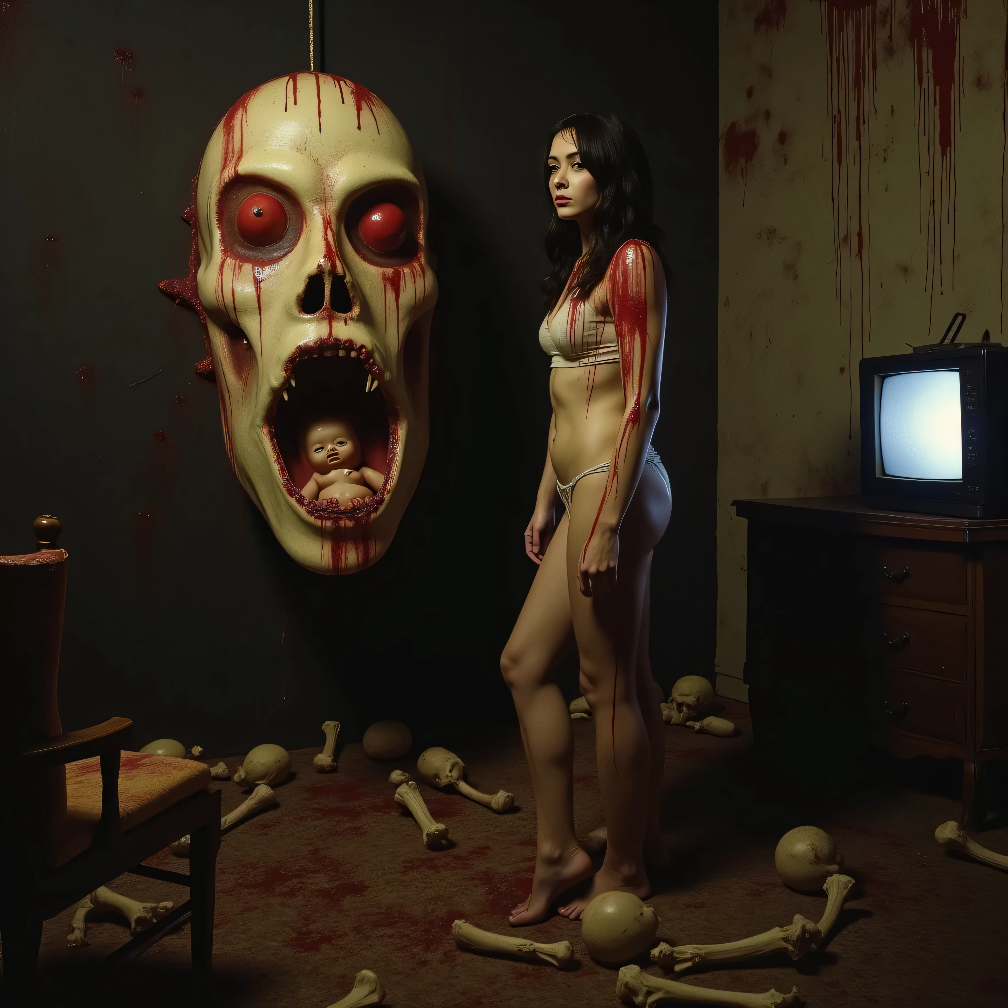 "(the best lighting, HIGH CONTRAST, dark, dramatic),(Woman next to a penis giant gelatin mask, Open the rib cage, fetus, autopsy, human bones, blood on the walls), tv on . Light Caravaggio"