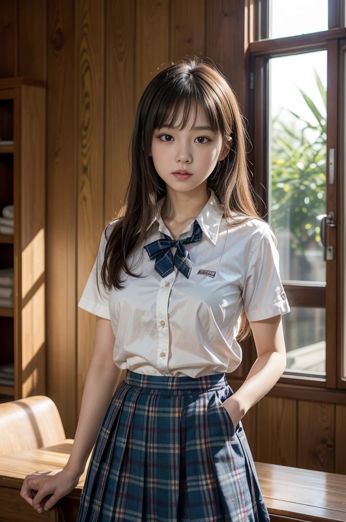 (     top quality    , Masterpiece, 16k,  More Details    、    Beautiful skin,     Dark Living Room の専門的な照明    )     girl     ,、｛((  high school uniform  、Curtigan、 Dark Living Room 、Buttoned blouse、   ties、 Blue Plaid Breeze Skirt、    cowboy shooting ))}、( Inside the Dark Living Room   、wooden background  、 thin waist、    Japanese、 black eyes、Shaggy Hair     、18歳の    girl    )))