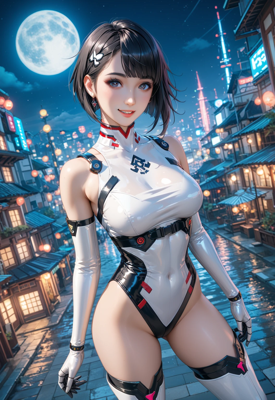 Ganyu from Genshin Impact, large breasts, highly detailed, cute, sexy, trending on pixiv, in a garden, fully clothed, wearing a full bodysuit, Gantz style bodysuit, laughing