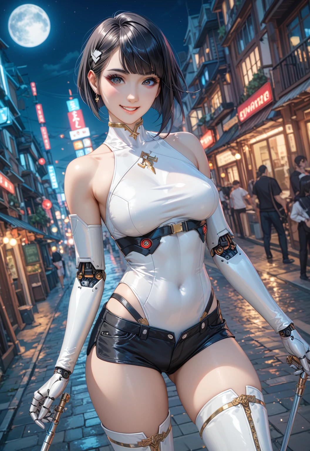 (32k, RAW photos: 1.2, best quality: 1.4, super high resolution: 1.2, masterpiece: 1.0), (cyberpunk: 1.3), (biopunk: 1.3), female android, (Japan female cyborg), robot parts, mechanical, head is human, (whole body is robot parts: 1.5), making use of female physical characteristics, cable electric wires on the body, Tokyo streets, whole body, (smile), (double eyelids), (light makeup), (short hair: 1.5), (straight hair), (brown hair), (large breasts)