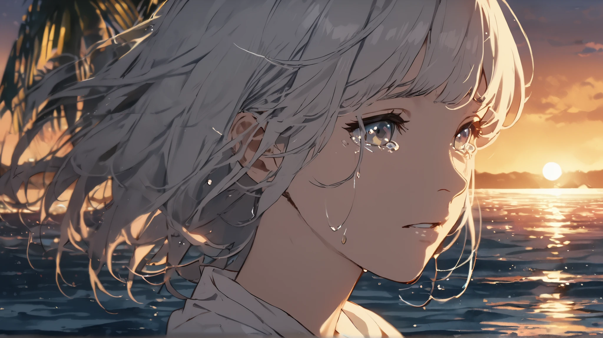  Studio Ghibli Style HMC, Sitting on a shelf at dusk   ( Soft , Golden Light), (Shining reflections on the water),  anime style， ocean ， ocean のビーチ， coconut tree、Woman crying at sea( close up of an excellent masterpiece:1.5)0.9 (Disheveled silver hair:1.1)　Tears running down my cheeks　Front face up　My mouth is shaking with sadness 　Surrounded by beautiful sandy beaches and the sea　Insert the letters 『lonely love』 for poster music　 fashionable